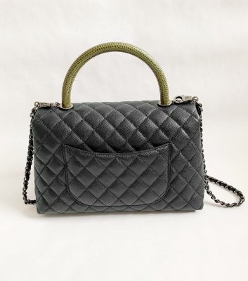 Chanel CoCo Green Lizard Handle 10.5 Black Caviar Leather