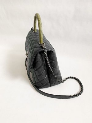 Chanel CoCo Green Lizard Handle 10.5 Black Caviar Leather