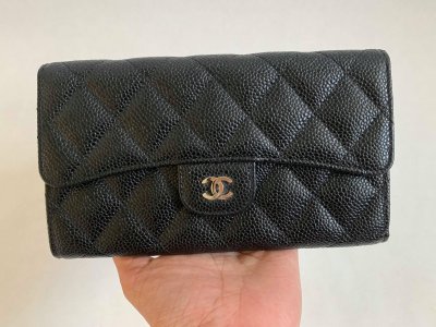 Chanel Long Wallet Trifolded in Black Caviar SHW