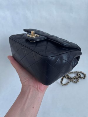 Chanel Classic Timeless Mini Square 7” in Black Lambskin Leather/Gold Brushed HW