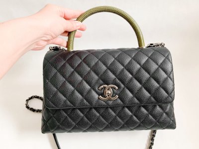 Chanel CoCo Green Lizard Handle 10.5 Black Caviar Leather