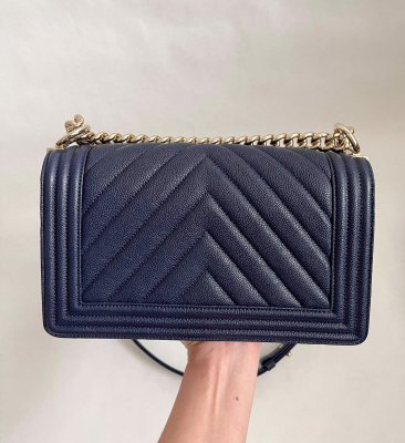 Chanel Boy 10 Navy Blue Caviar Light Gold Champagne Hardware