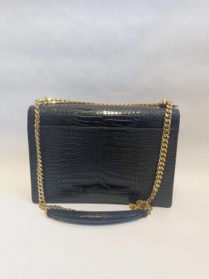 Saint Lauren Sunset Large Chain Bag in Black Crocodile-embossed shiny leather