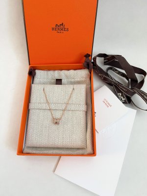 Hermes Mini Pop H Necklace in Marron Glace and RoseGold Hardware.