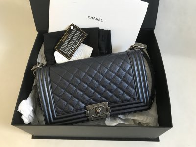 Chanel Boy 10 in Dark blue metallic caviar leather RSHW