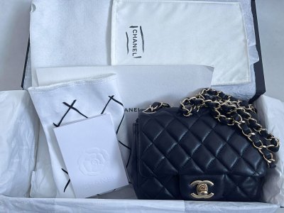 Chanel Classic Timeless Mini Square 7” in Black Lambskin Leather/Gold Brushed HW