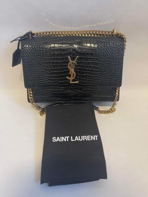 Saint Lauren Sunset Large Chain Bag in Black Crocodile-embossed shiny leather