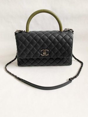 Chanel CoCo Green Lizard Handle 10.5 Black Caviar Leather