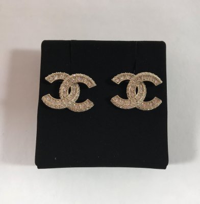 Chanel CC Stud Earings with gold hardware and rhinestones