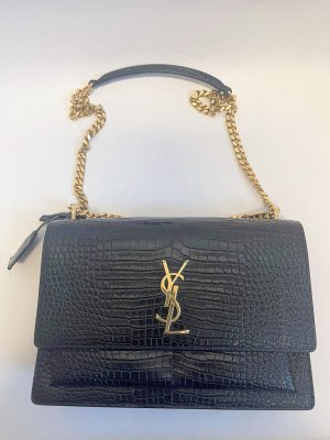Saint Lauren Sunset Large Chain Bag in Black Crocodile-embossed shiny leather