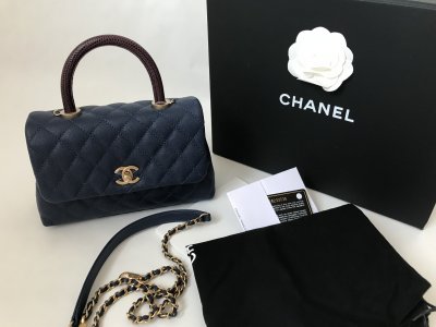 Chanel CoCo Blue Caviar 9.5 Red Lizard Handle