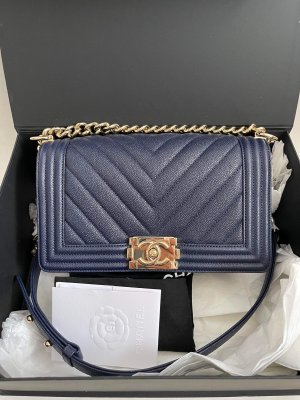 Chanel Boy 10 Navy Blue Caviar Light Gold Champagne Hardware